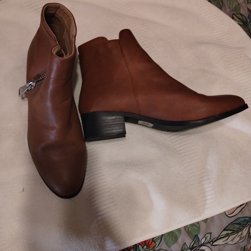 Brown Leather Chelsea Booties with Stacked Heel